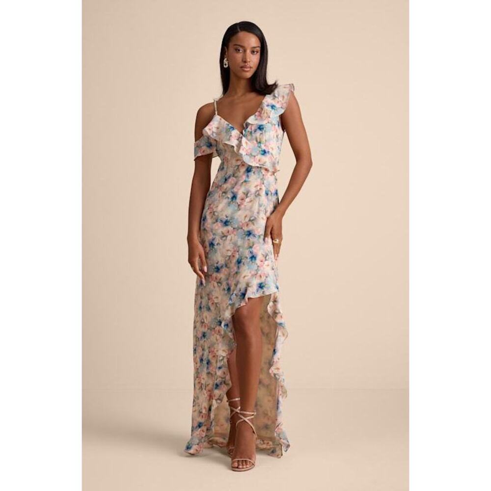 Lulus Venecia Blush Floral Ruffled Asymmetrical Maxi Dress Pink - Size L